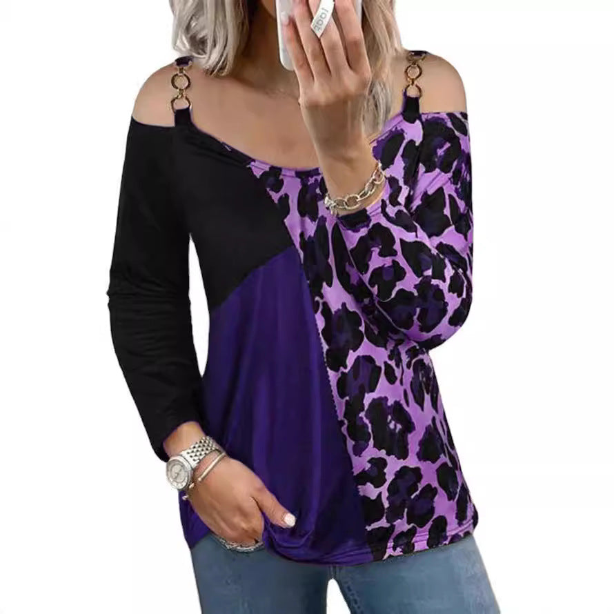 Frauen Off-Shoulder Patchwork Langarm mit Leopardenmuster und Ringdetail-Trägerdrune