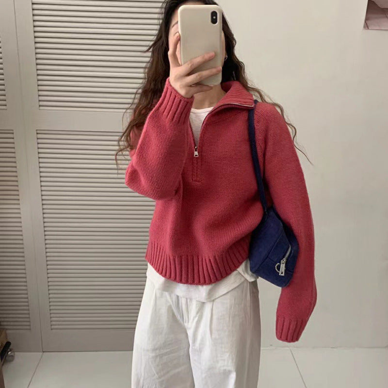 Damen Kuscheliger Gestrickter Pullover mit Stehkragen und Reißverschluss Drune