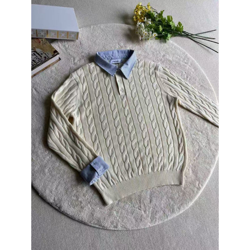 Damen nan gestrickter Polo-Pullover mit Zopfmuster und eingesetztem Hemdkragen Drune