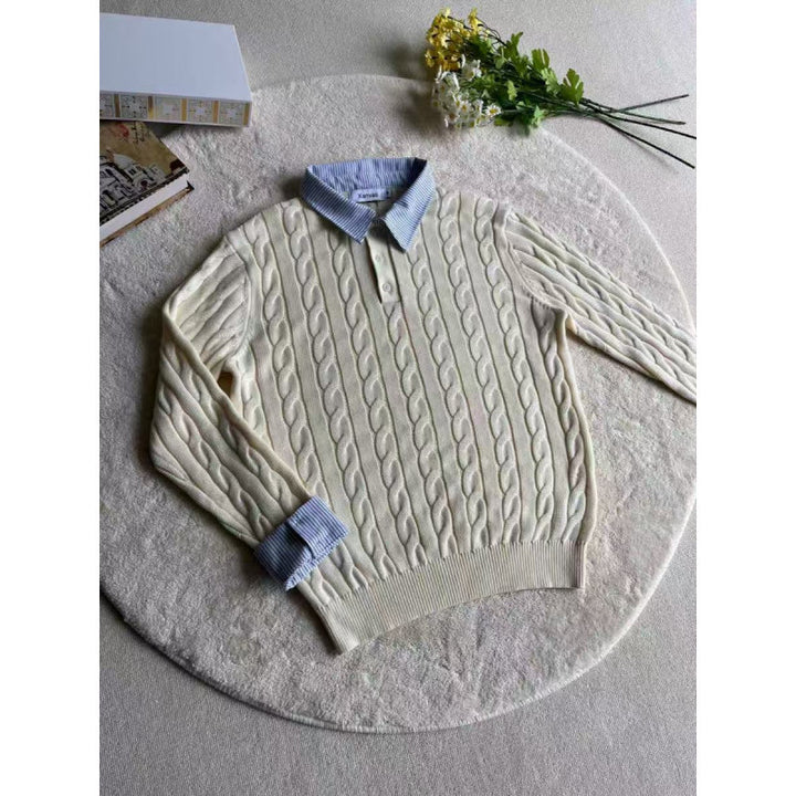 Damen nan gestrickter Polo-Pullover mit Zopfmuster und eingesetztem Hemdkragen Drune