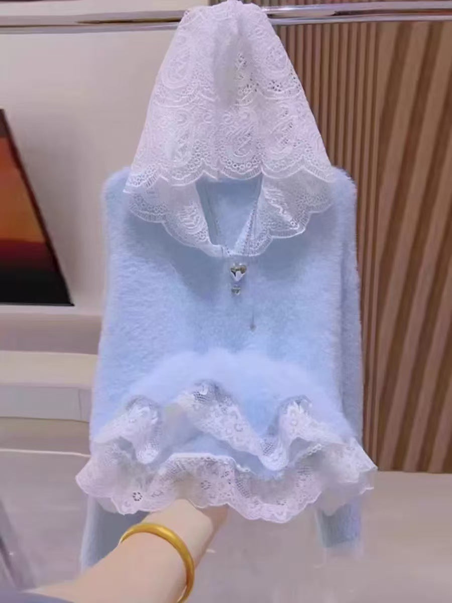 Damen elegante Strickjacke mit Spitzenkante und dekorativem großen Reißverschluss Drune