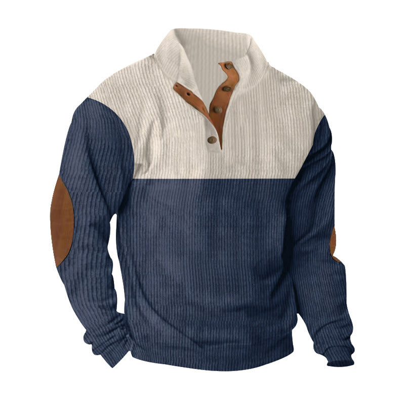 Herren nan gerippter Pullover mit Stehkragen, Knopfleiste und Ellbogen-Patches Drune