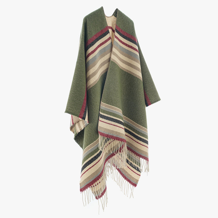 Damen Gestreifter Wollmix-Capeponcho mit Fransen Drune