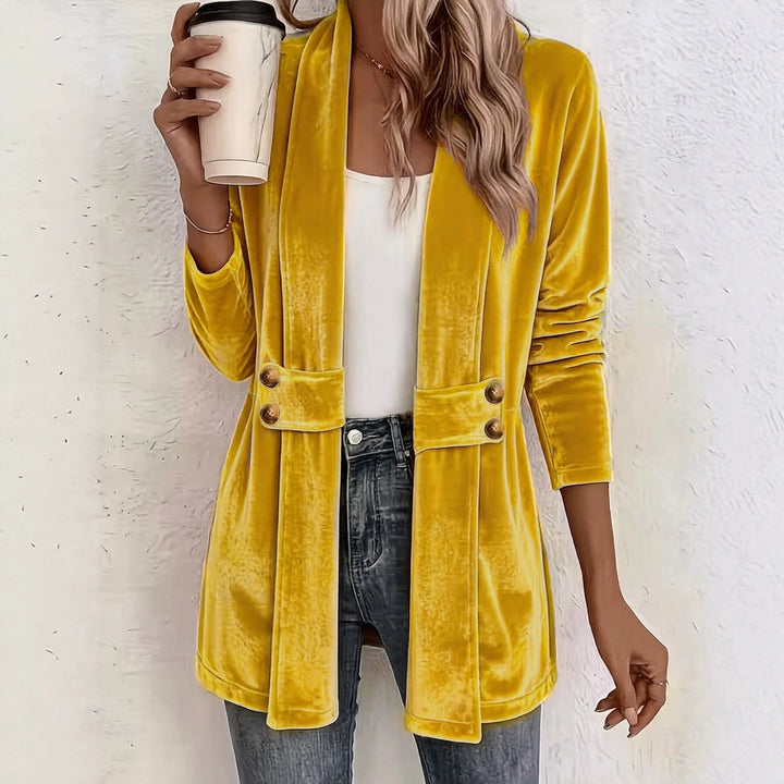 Damen Samt-Longblazer mit Schalkragen und Zierknopfleiste Drune