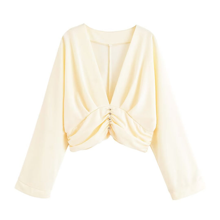 Damen legeres Blusenshirt mit Raffung und tiefem V-Ausschnitt Drune