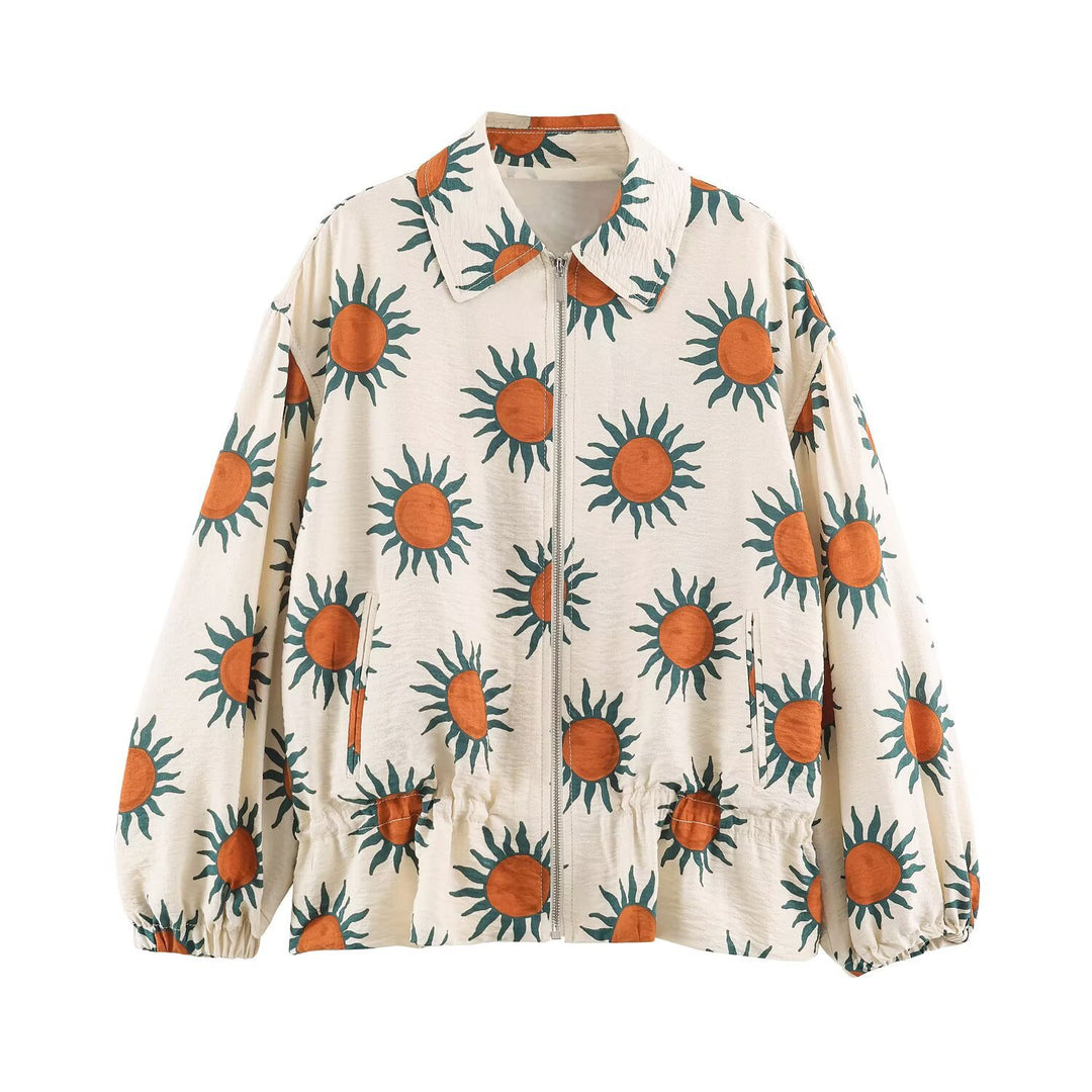 Damen Leichte bedruckte Blousonjacke mit Sonnendesign, Tunnelzugtaillierung und Reißverschluss Drune