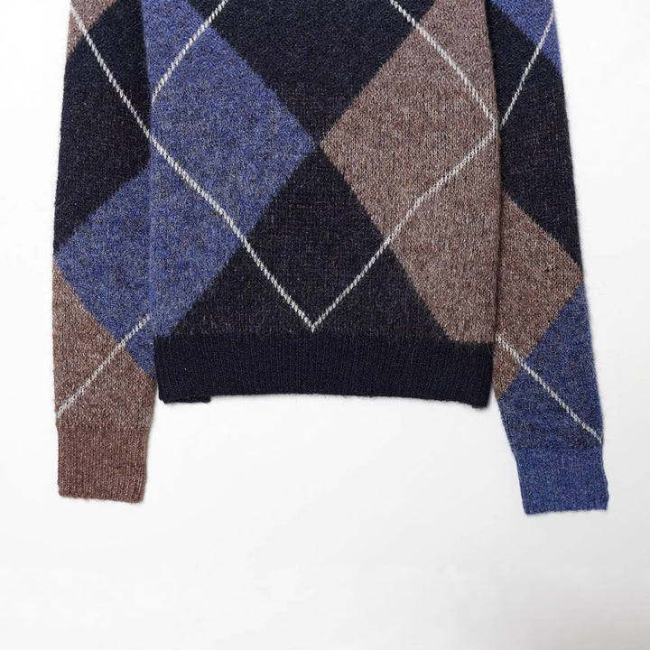 Damen nan kurz geschnittener Argyle-Strickpullover mit Rundhals, Raglanärmeln und geripptem Bund Drune