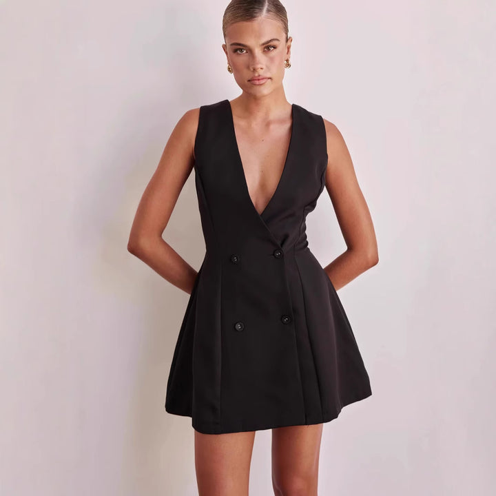 Damen Blusenkleid mit tiefem V-Ausschnitt und doppelter Knopfleiste Drune