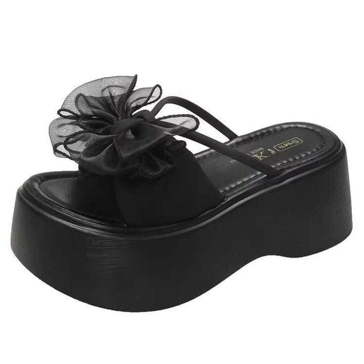 Damen Plateau‑Pantolette mit hoher Wedgesohle und organza‑Blütenapplikation Drune