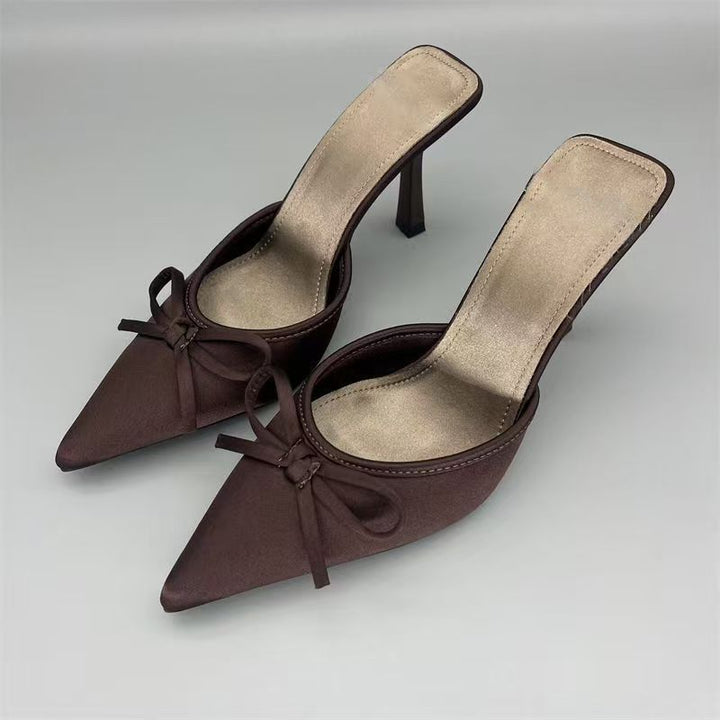 Damen Spitz zulaufende Satinähnliche Mule mit zierlicher Schleifen-Applikation und schlankem Stiletto-Absatz Drune