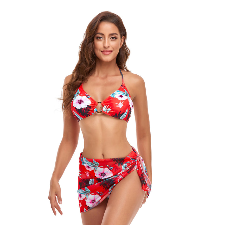 Damen Triangel-Bikini-Set mit modischem Wickelrock und floralem Design Drune