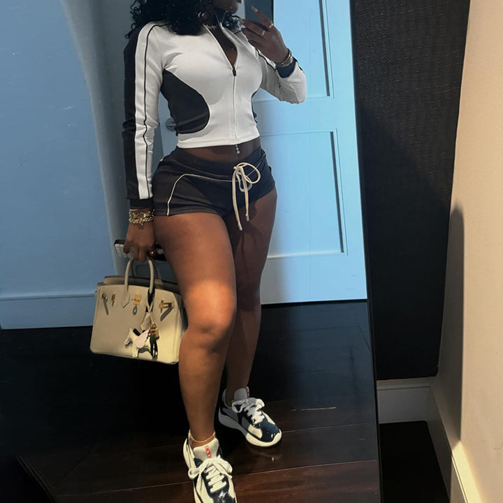 Damen Sportliches Kurzarm-Set mit Reißverschluss und Shorts Drune