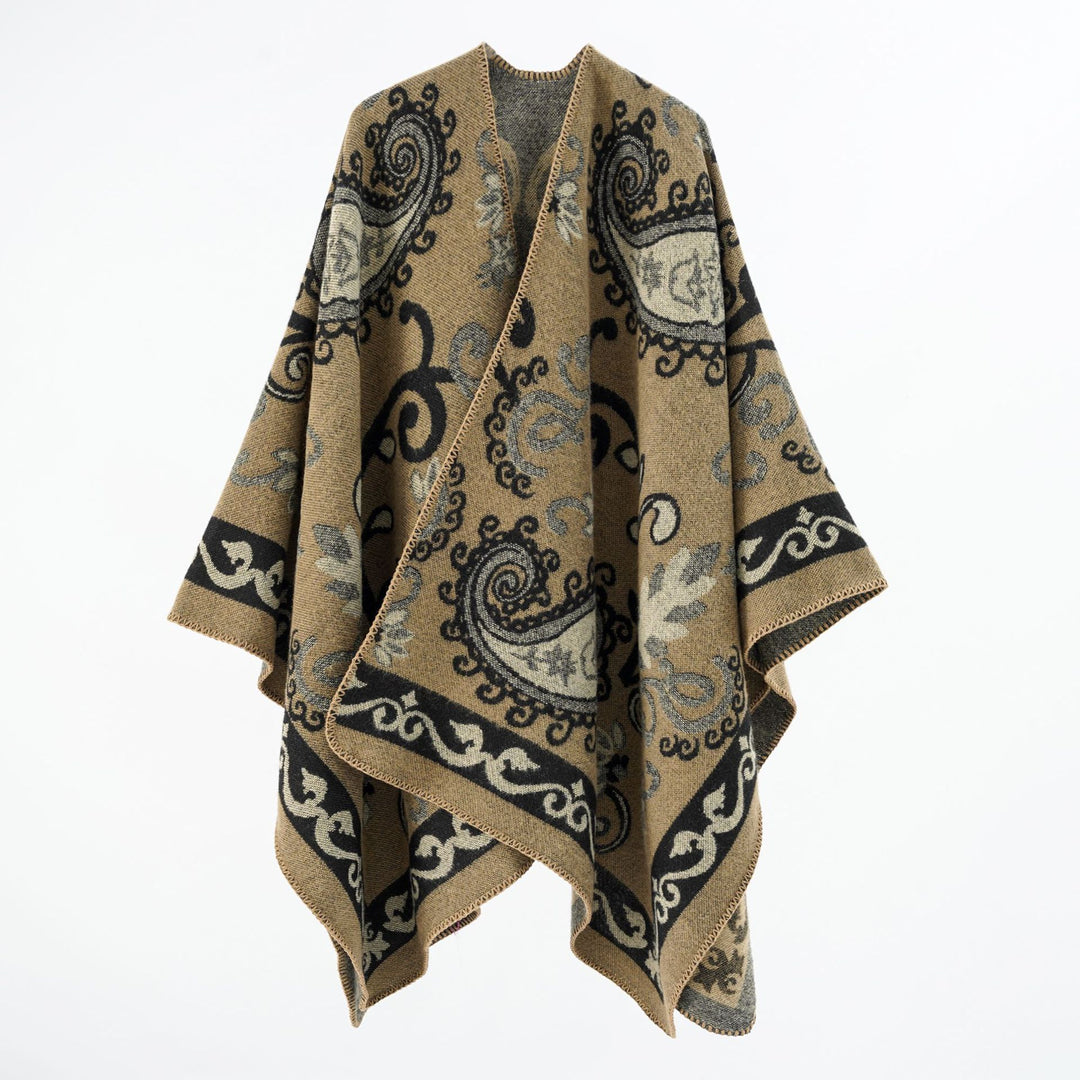 Damen Jacquard-Wollmix-Poncho mit Paisley‑Jacquard und offenem Kimono‑Fall Drune