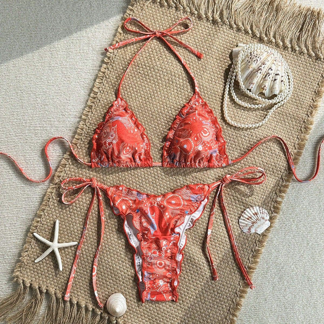 Damen Triangel-Bikini mit Rüschendetails und lebhaftem Blumendruck Drune