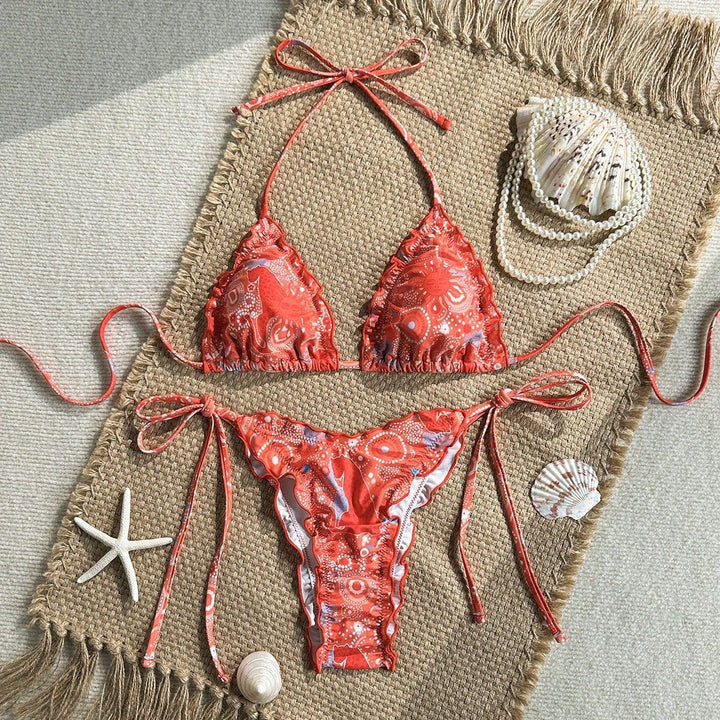 Damen Triangel-Bikini mit Rüschendetails und lebhaftem Blumendruck Drune