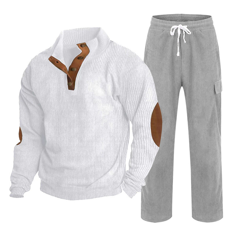 Herren Gemütliches Freizeit-Set aus Waffelstrick-Henley mit Ellenbogenpatch und Relax-Cargo-Hose Drune