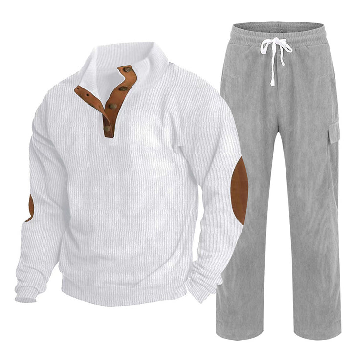 Herren Gemütliches Freizeit-Set aus Waffelstrick-Henley mit Ellenbogenpatch und Relax-Cargo-Hose Drune