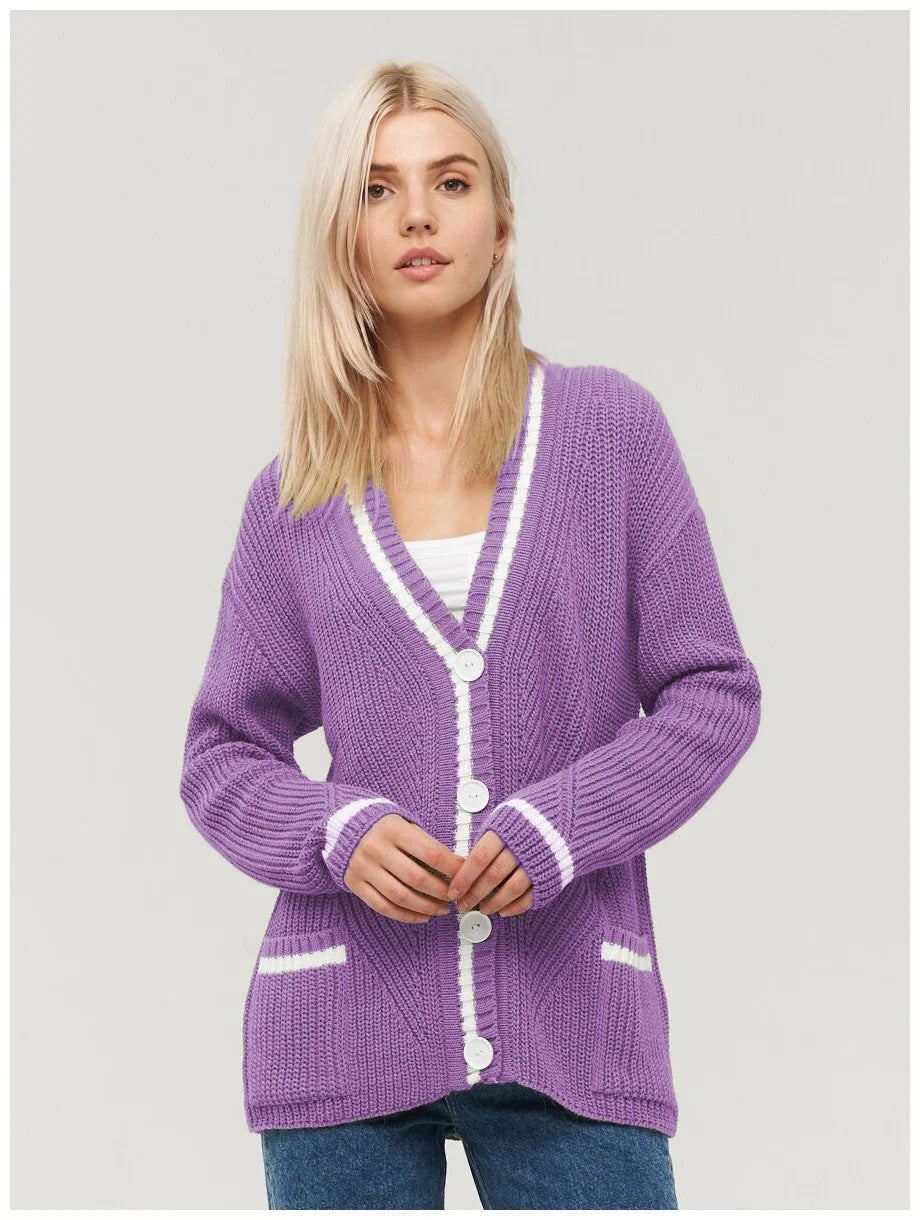 Damen gemütliche Strickjacke mit kontrastierenden Taschen und Knopfdetails Drune