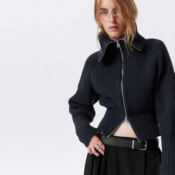 Damen Strickjacke mit hohem Kragen und modischem Reißverschluss Drune