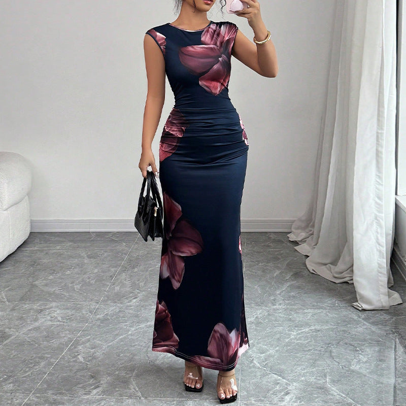 Damen elegantes Maxi-Kleid mit floralem Drapierungsdesign und figurbetonendem Schnitt Drune