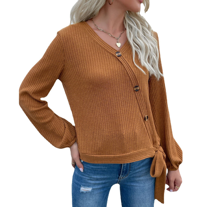 Damen Gerippte Wickel-Strickjacke mit V‑Ausschnitt, asymmetrischer Knopfleiste und Taillenband Drune