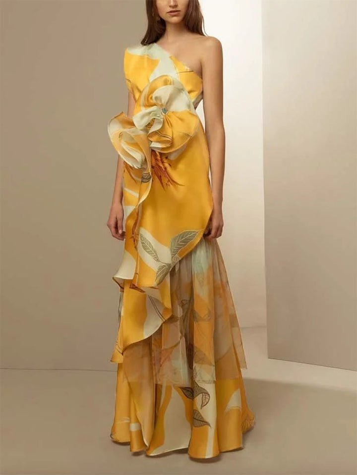 Damen elegantes asymmetrisches Abendkleid mit fließendem Rock und auffälligen Rüschendetails Drune