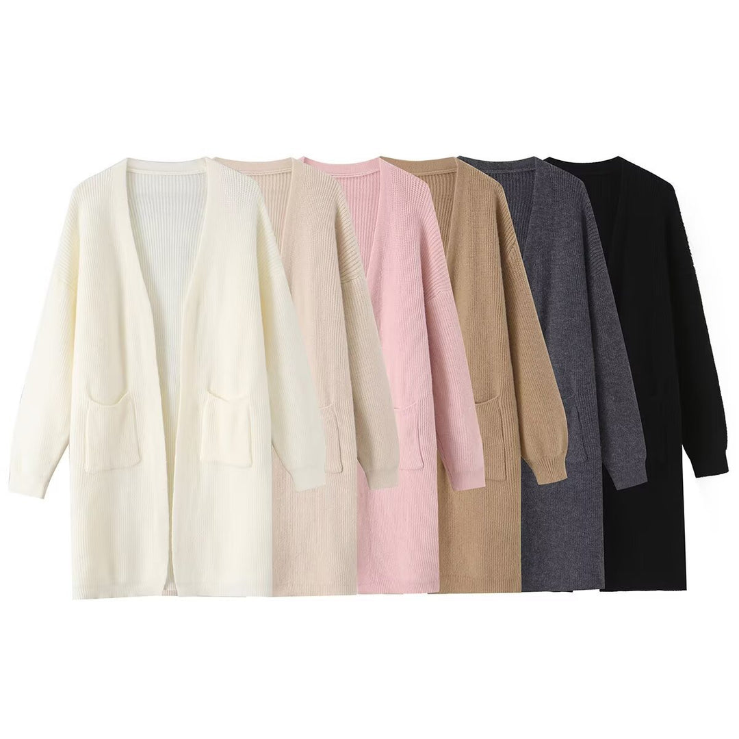 Damen Longline Strickcardigan mit aufgesetzten Taschen und offener Front Drune
