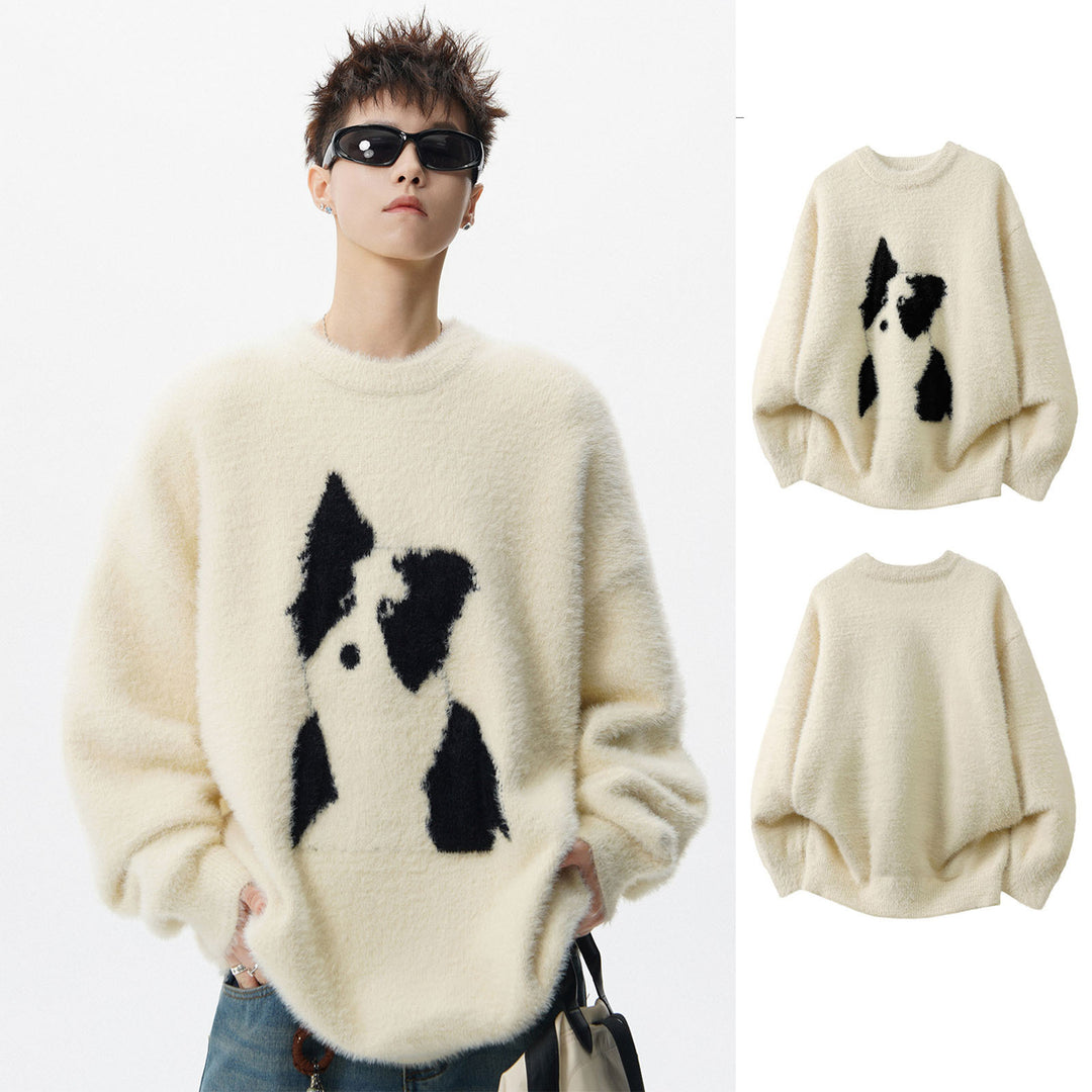 Damen Gemütlicher Grobstrickpullover mit Hundemotiv Drune