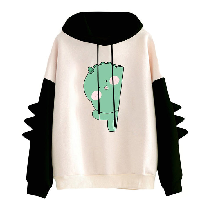 Damen nan weiter Kapuzenpullover mit dreidimensionalen Rückenstacheln und niedlichem Dino-Print Drune