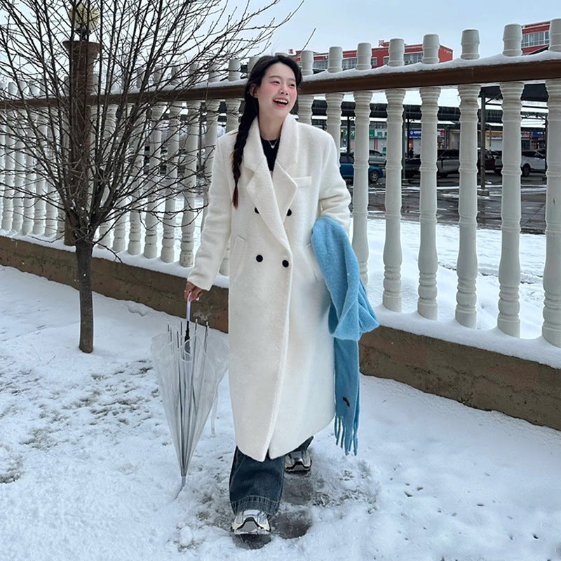 Damen Langer Teddy-Mantel im Oversize‑Schnitt mit Doppelreiher und Reverskragen Drune