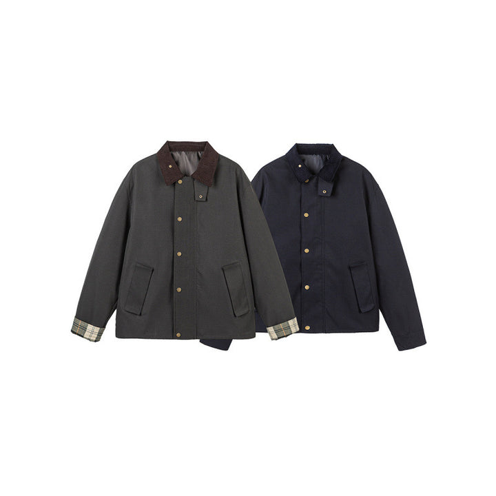 Herren Kurze Boxy-Workerjacke aus robustem Canvas mit Cordkragen und verdeckter Druckknopfleiste Drune