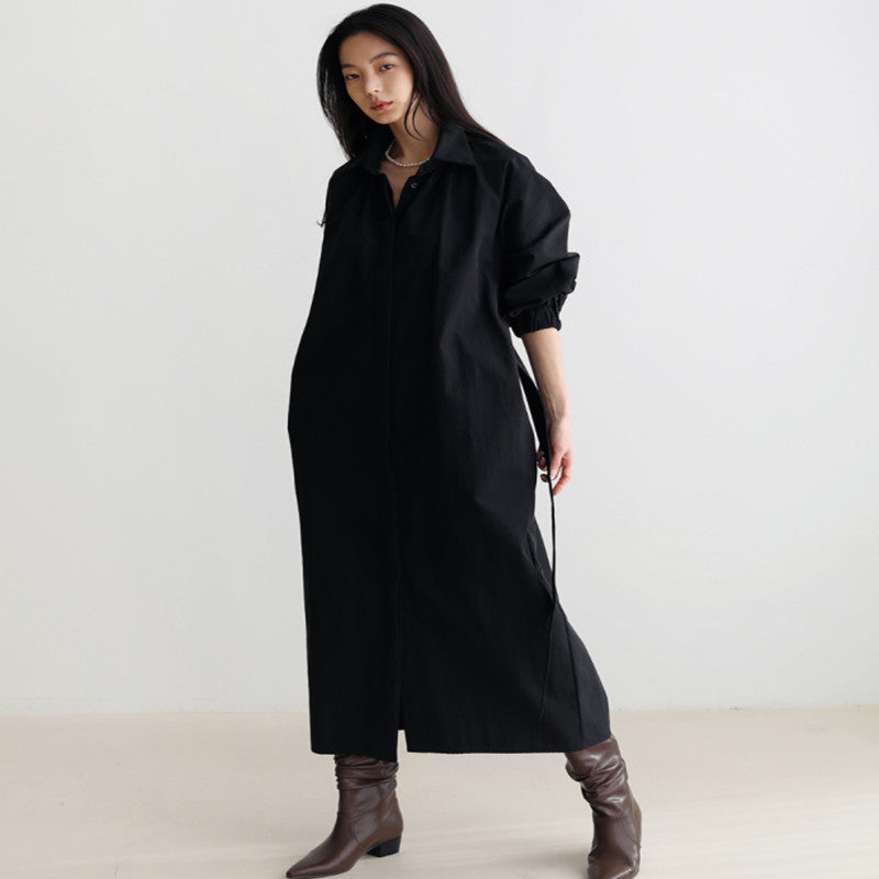 Damen Hemdkleid mit Taillengürtel, Stehkragen und Ballonärmeln Drune