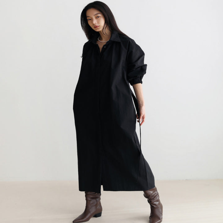 Damen Hemdkleid mit Taillengürtel, Stehkragen und Ballonärmeln Drune