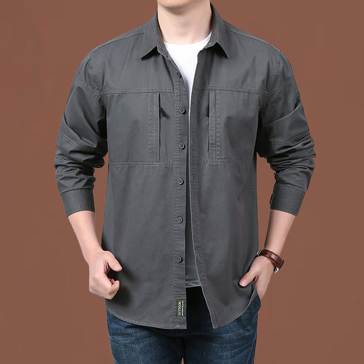 Herren nan leichtes Baumwoll-Utility-Overshirt mit zwei verdeckten Brusttaschen und klassischem Kentkragen Drune