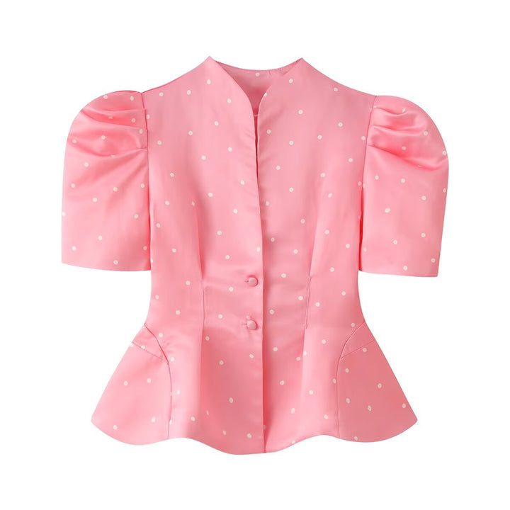 Damen Polka-Dot Bluse mit Stehkragen, Puffärmeln und tailliertem Schößchen Drune