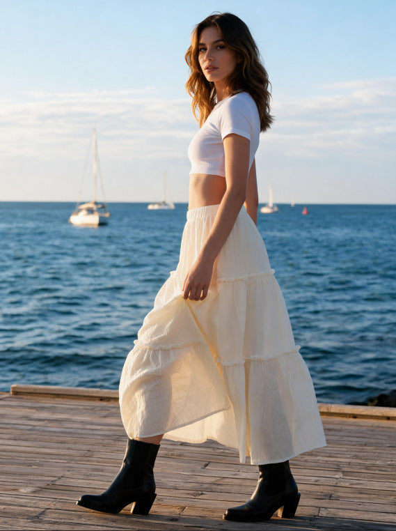 Damen Luftiger Stufenrock mit elastischem Bund und transparenter Chiffon‑Optik Drune