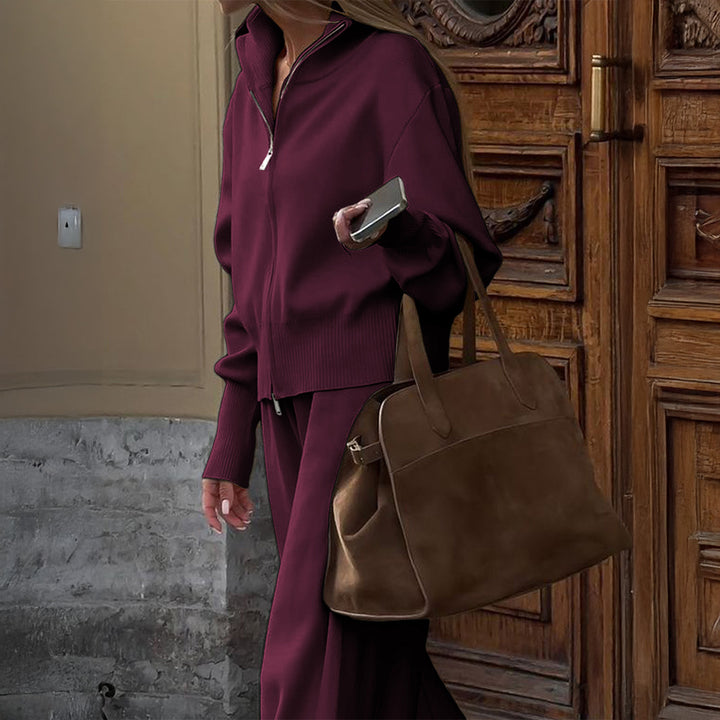 Damen nan Strick-Loungewear-Set mit halbhohem Kragen, Reißverschluss und weitem Highwaist-Hose Drune