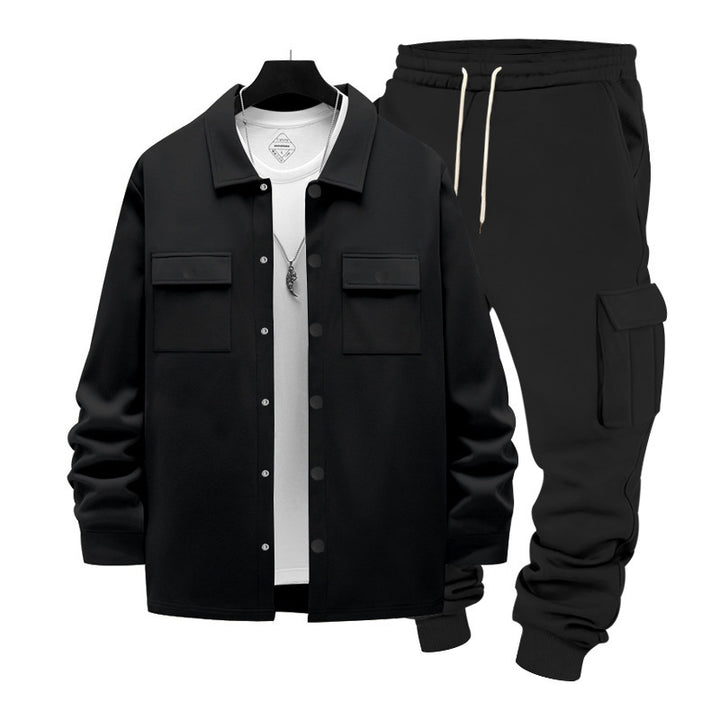 Herren nan lässiges Baumwoll-Misch Overshirt und Cargo-Jogger Set mit Kordelzug, Pattentaschen und elastischen Bündchen Drune