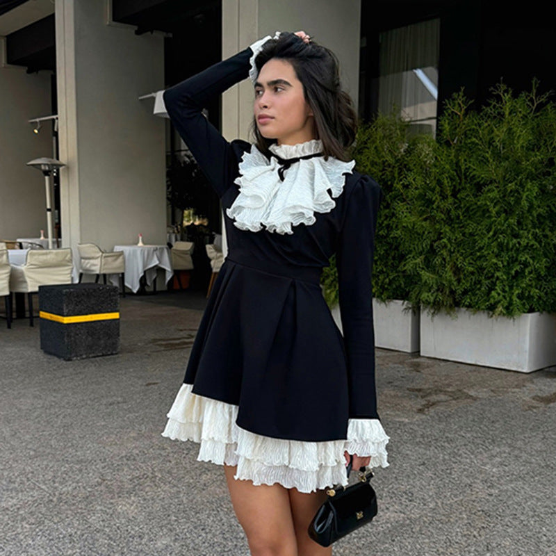 Damen nan viktorianisches Rüschenkleid mit Stehkragen, gerafftem Volant und mehrlagigem Plissee-Unterrock Drune