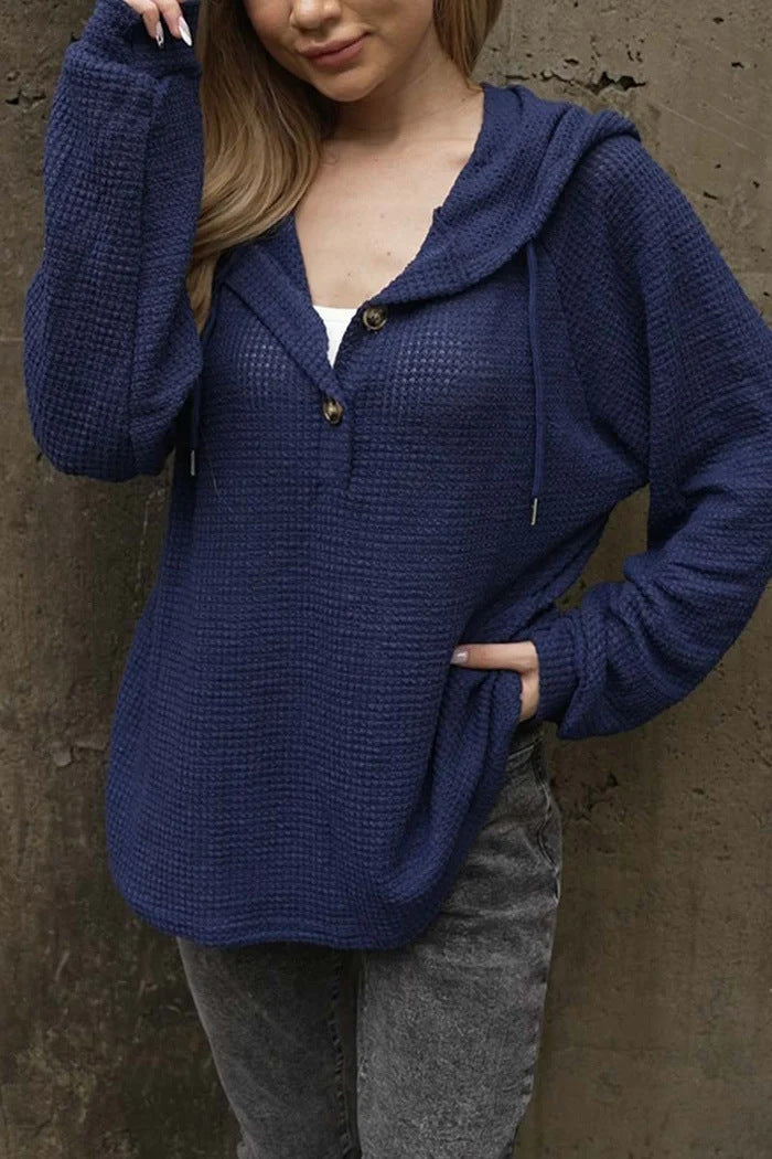 Drune | Einfarbiger Knopf Zugband Lockere Lange Ärmel Hoodie