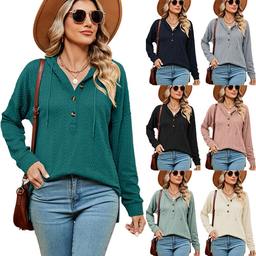 Damen lässiger Pullover mit Knopfdetails und Kapuze Drune