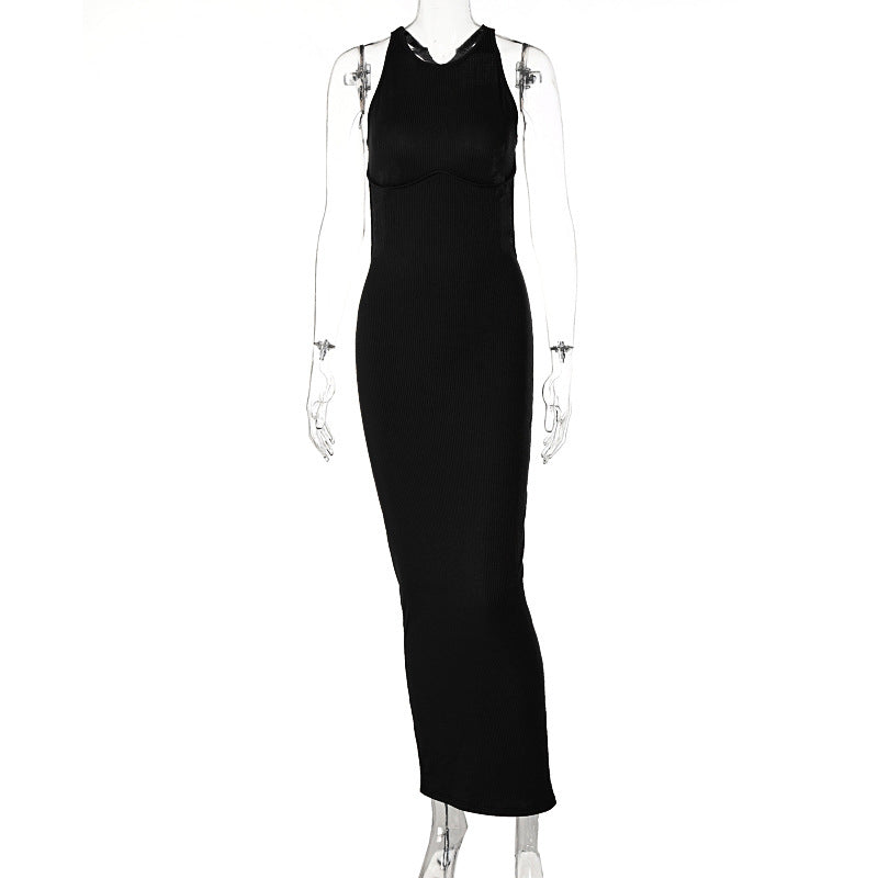 Damen körpernahes Strick-Maxi-Kleid mit raffiniertem Ausschnitt und langen Trägern Drune
