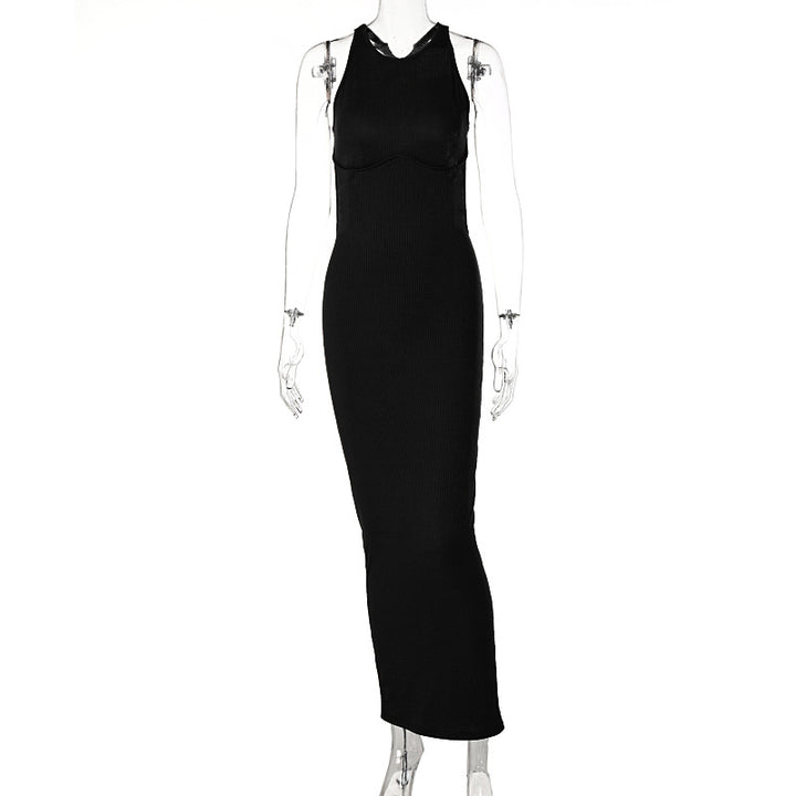 Damen körpernahes Strick-Maxi-Kleid mit raffiniertem Ausschnitt und langen Trägern Drune