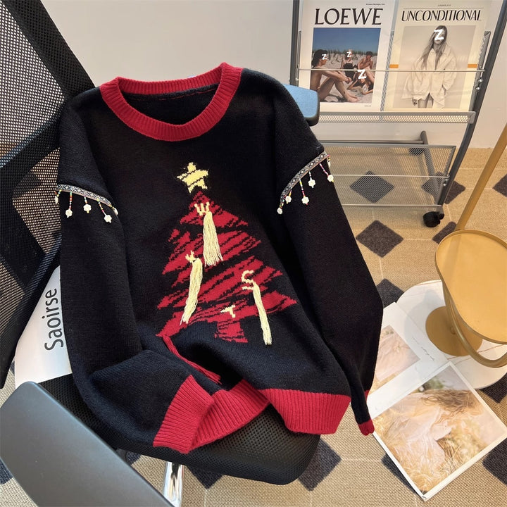 Damen festlicher Strickpullover mit Tannenbaum-Motiv und verspielten Akzenten Drune