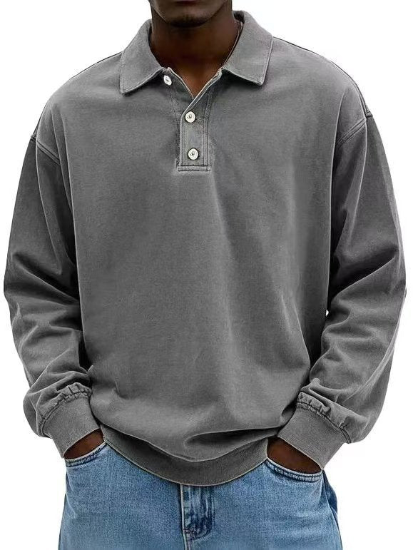 Herren nan lässiges Poloshirt-Sweatshirt mit Kragen, Vintage-Waschung und dreiteiliger Knopfleiste Drune