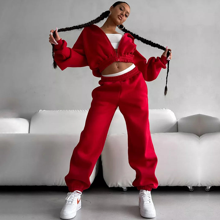 Damen Taillierter Zip-Overall im Loungewear-Stil mit Kapuze, Balloonärmeln und hoher Bundkante Drune