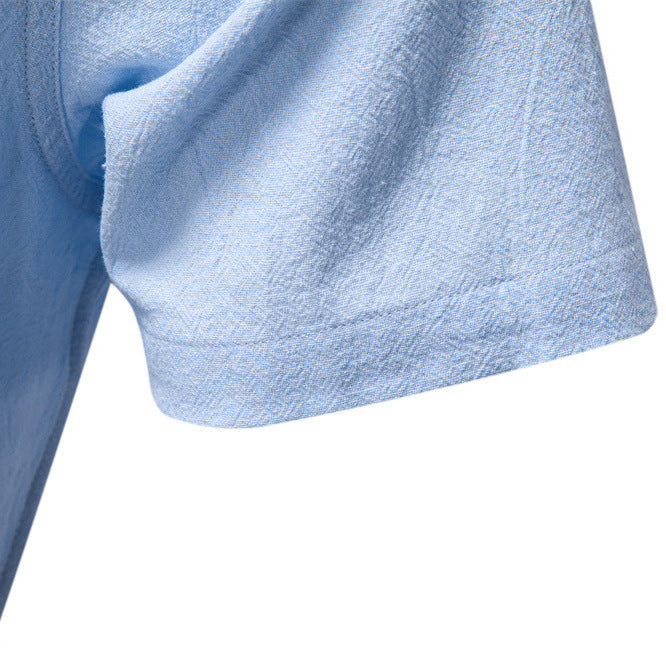 Herren nan lässiges Kurzarmshirt mit Stehkragen, halber Knopfleiste und leicht strukturierter Baumwoll-Leinen-Qualität Drune