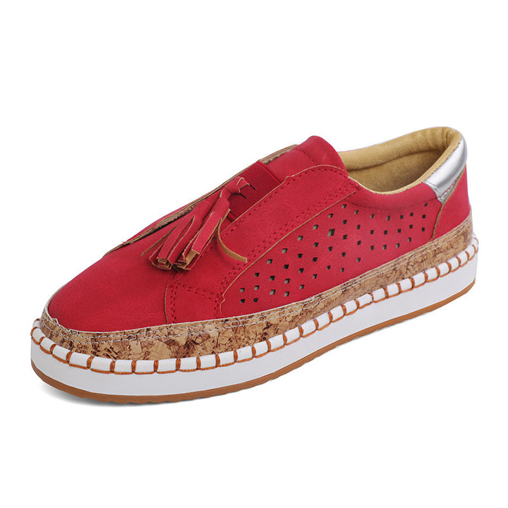 Damen nan perforierter Slip-On Sneaker mit Quasten, Kork-Plateau und dekorativer Handnaht Drune