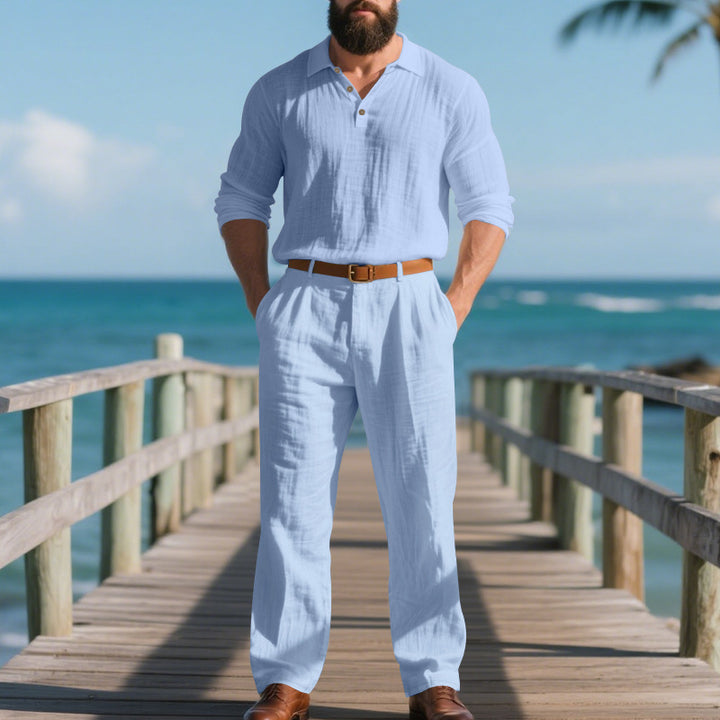 Herren eleganter Freizeit-Jumpsuit mit praktischen Taschen und stylischem Henley-Ausschnitt Drune