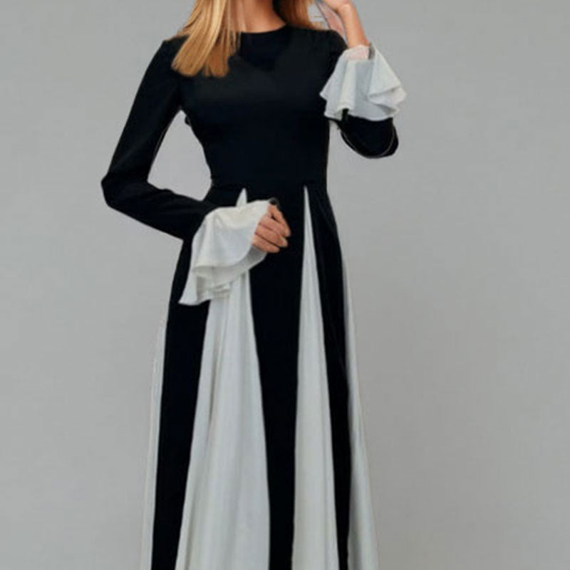 Damen Maxikleid mit eleganten Trompetenärmeln und raffiniertem Farbkontrast Drune